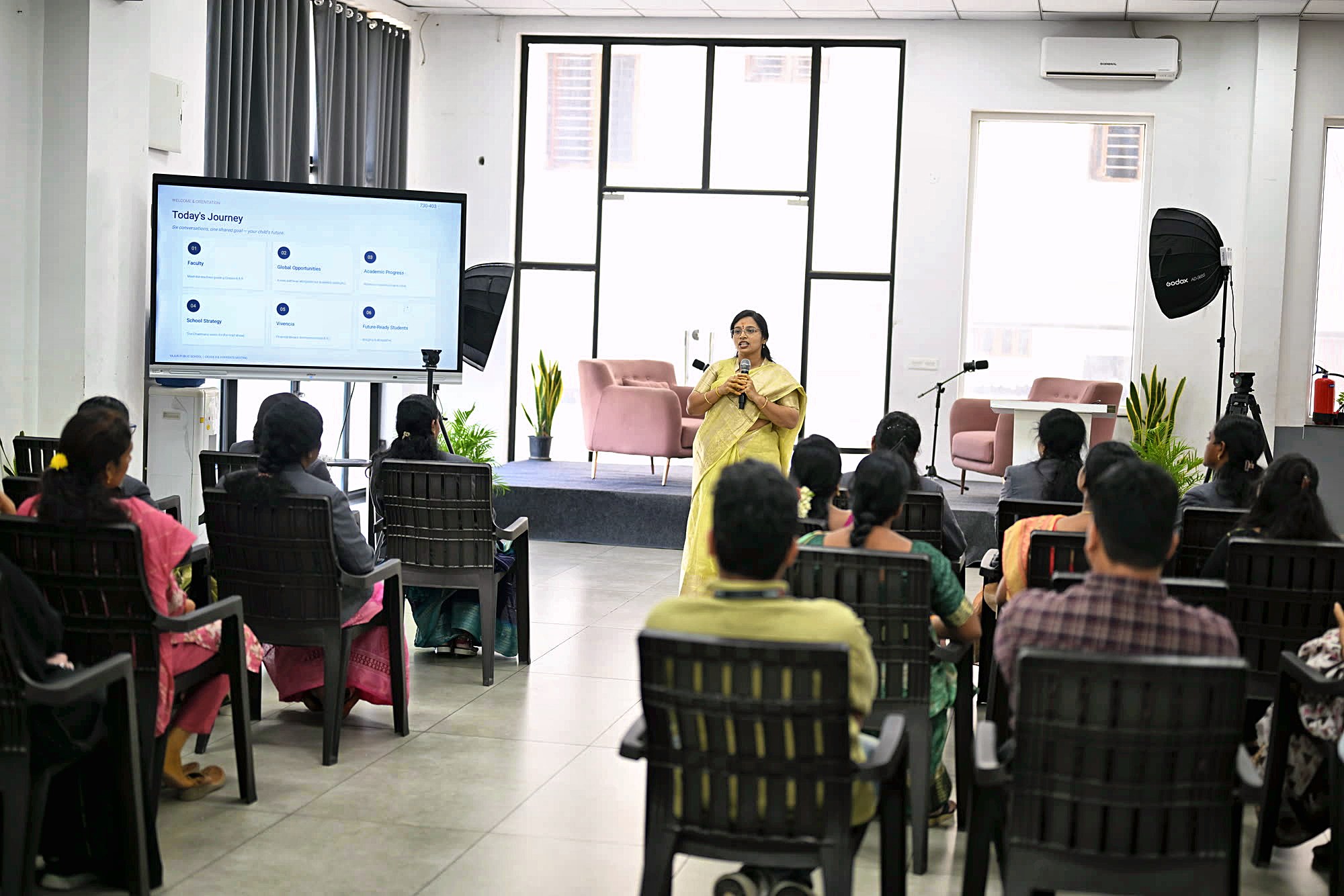 Parents at a Yajur admissions orientation session