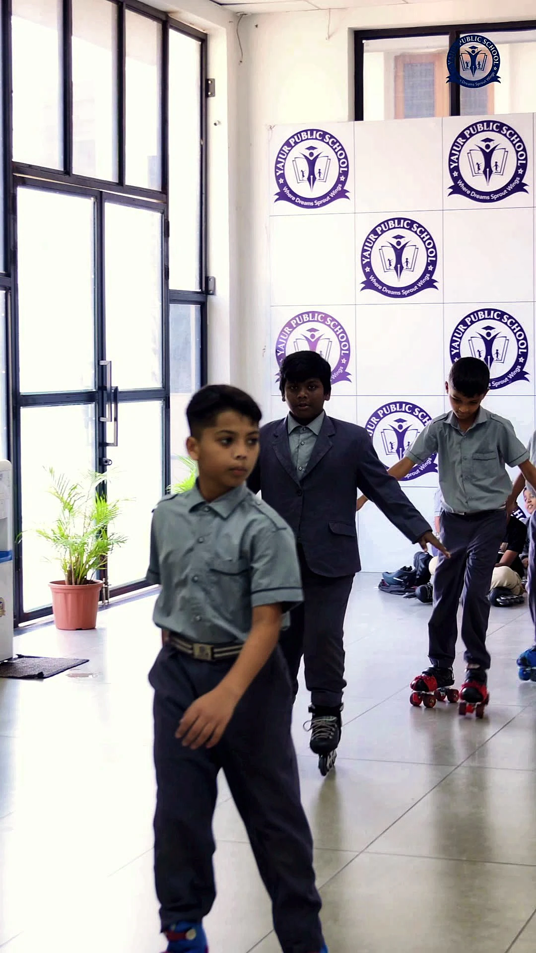 Skating practice in the school corridor