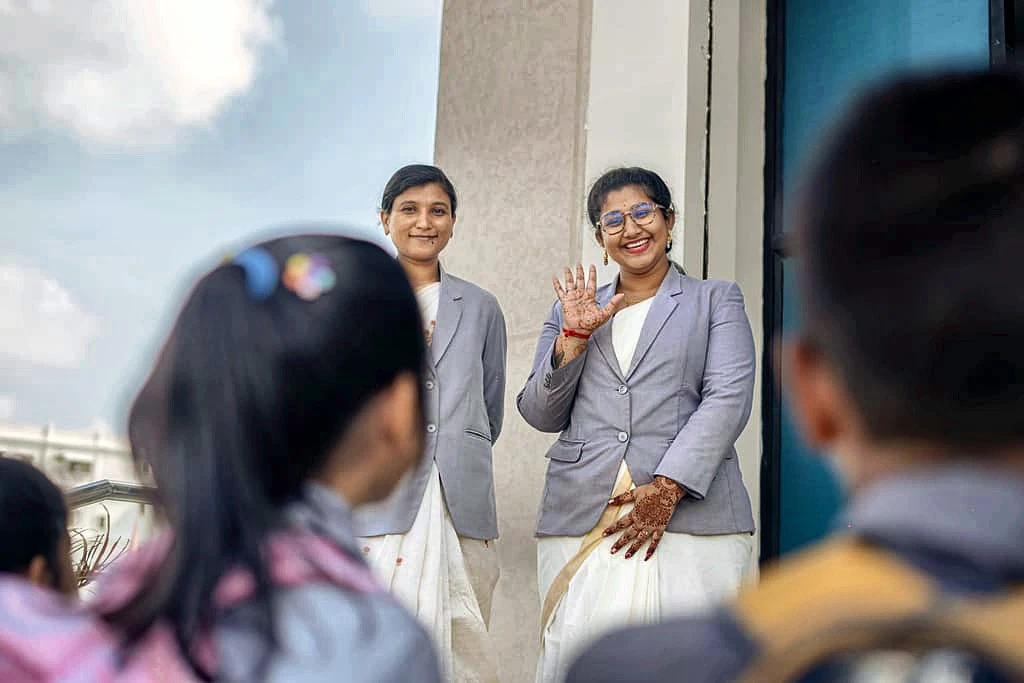 Teachers welcoming students at Yajur Public School