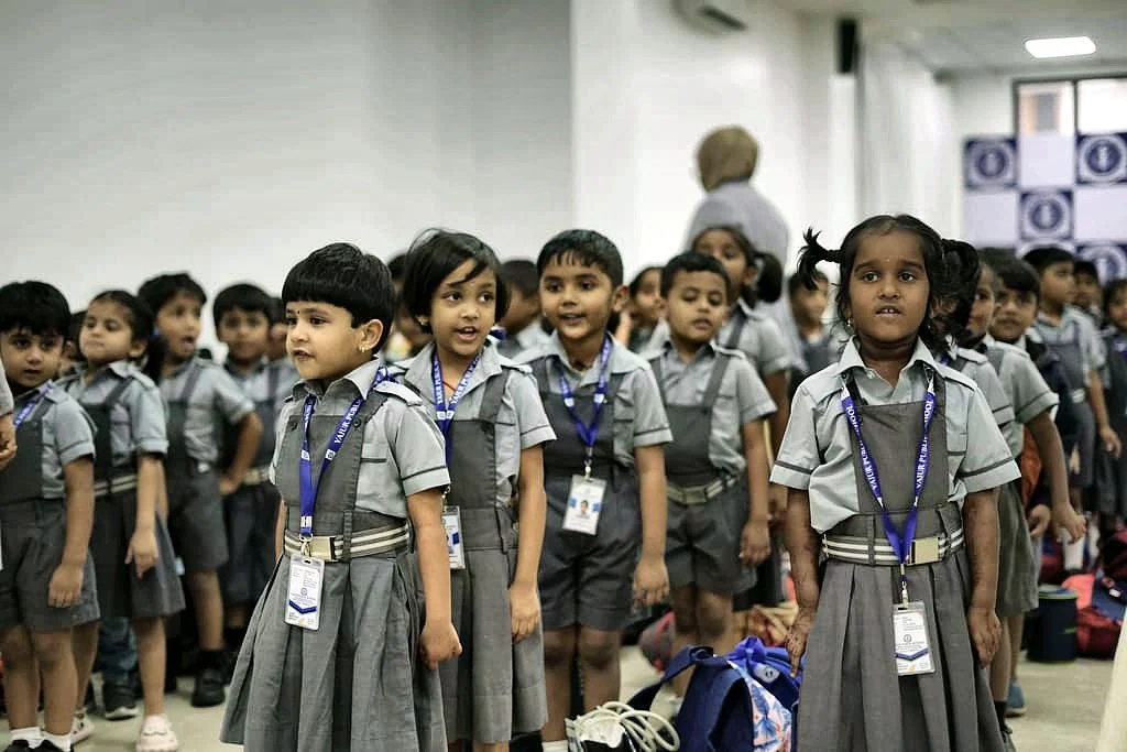 Pre-KG children in their Yajur uniforms, lined up for the day